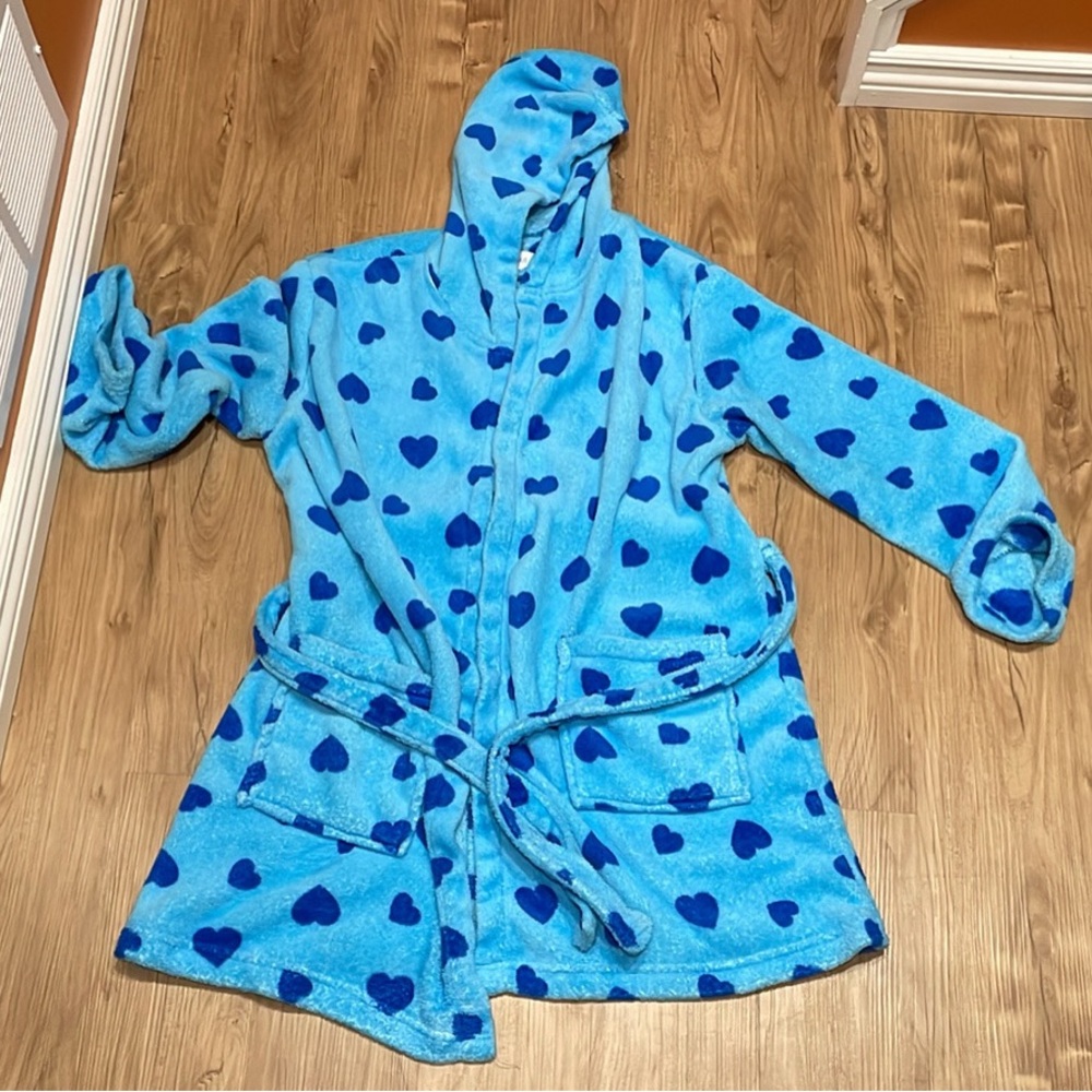 Women's Blue Heart Patterned Hooded Robe